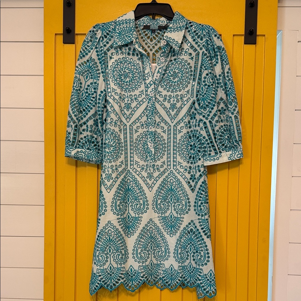 Eva Franco Teal and White Embroidered Shift Dress